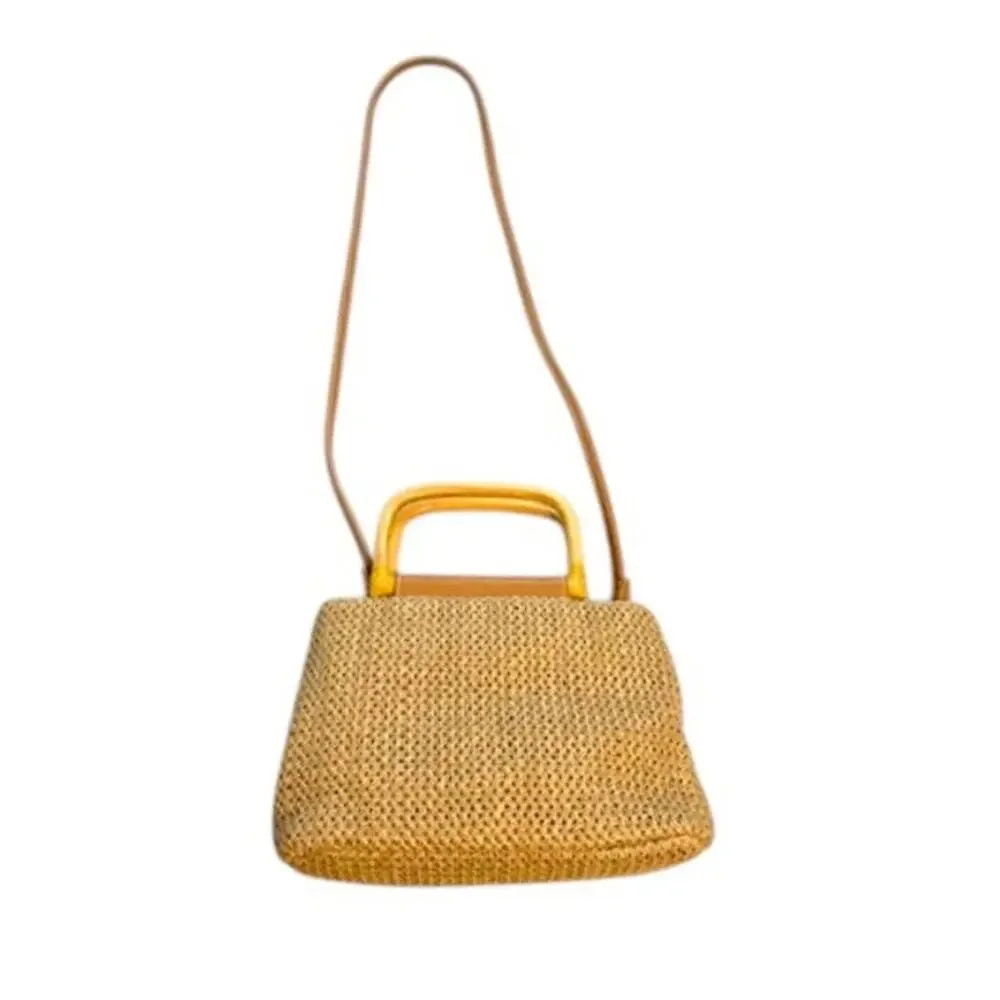 Vintage Fossil Woven Straw Bamboo Handle Top Handle Crossbody Bag